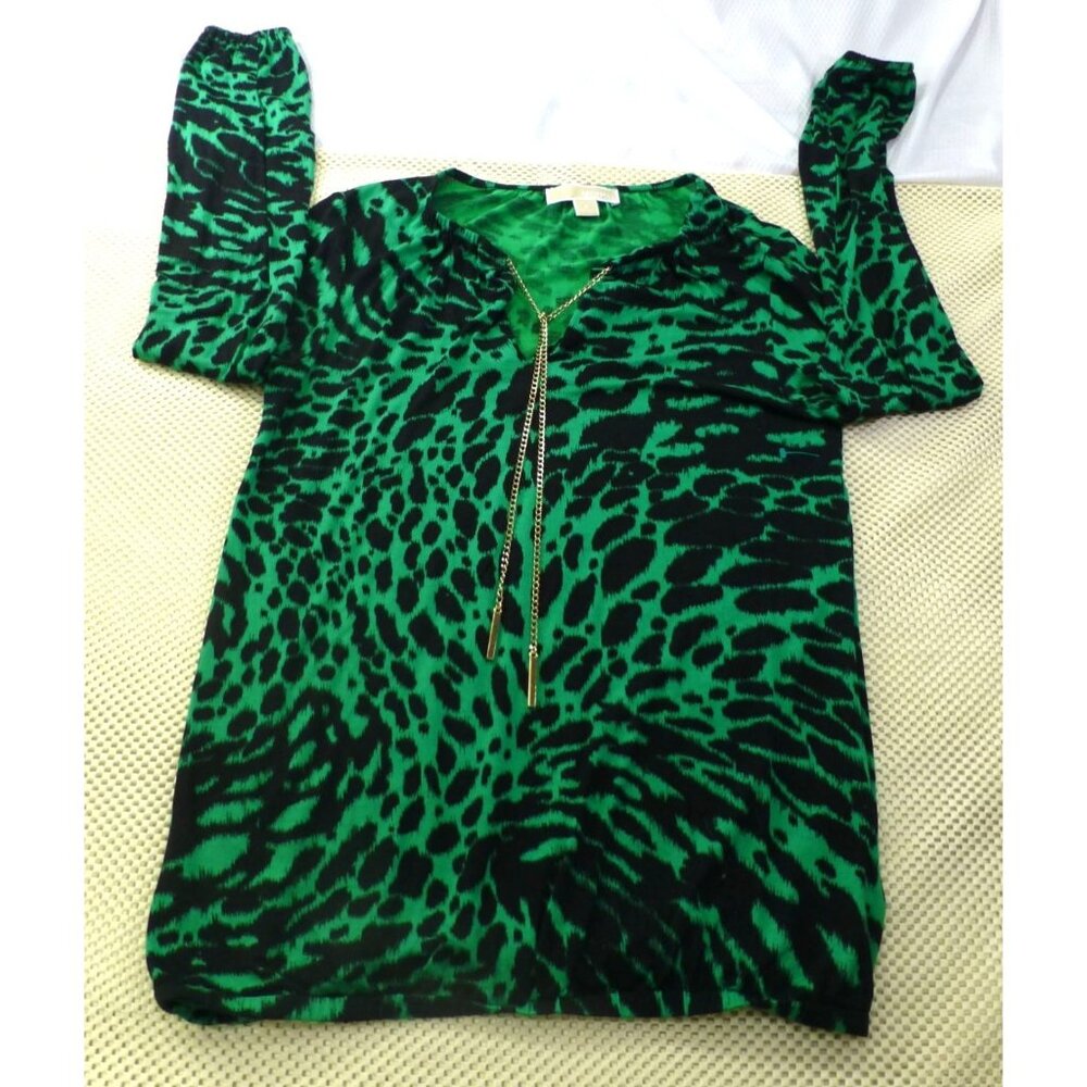 Michael Kors Green & Black Animal Print Long Sleeve Blouse With Gold Chain Accen